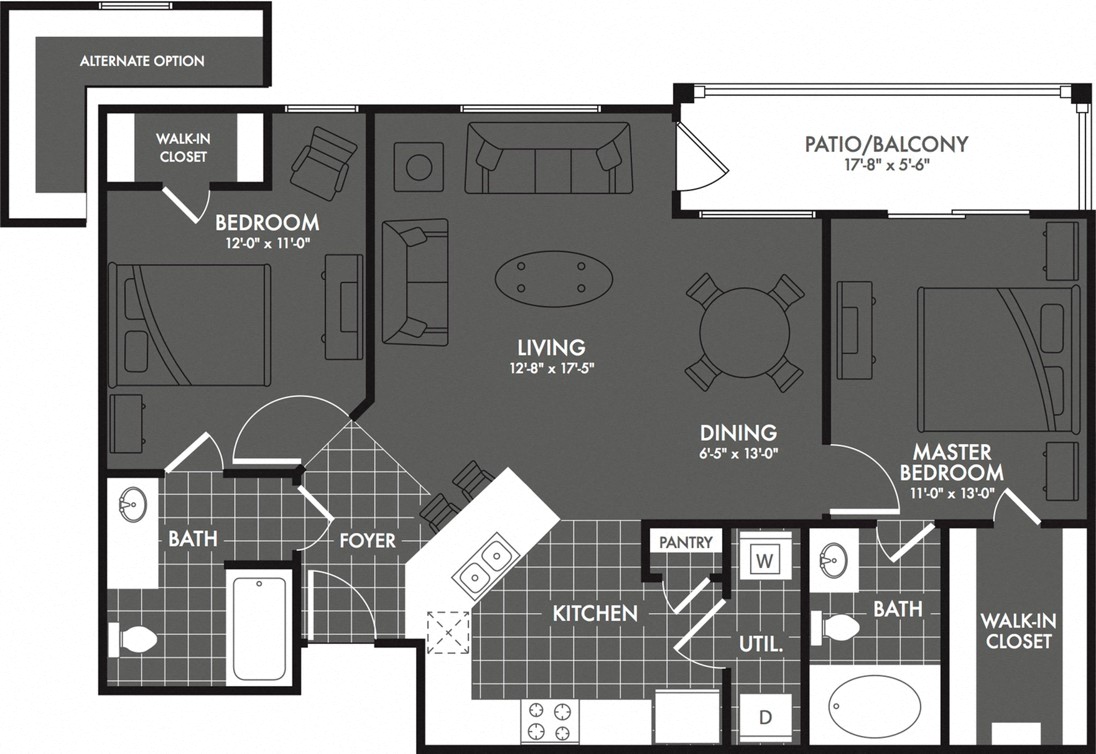 Floor plan for 2 beds, 2 baths, 1046 sqft